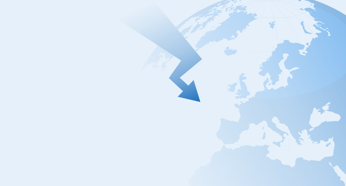 Abstract blue arrow pointing towards a globe focused on the northern hemisphere