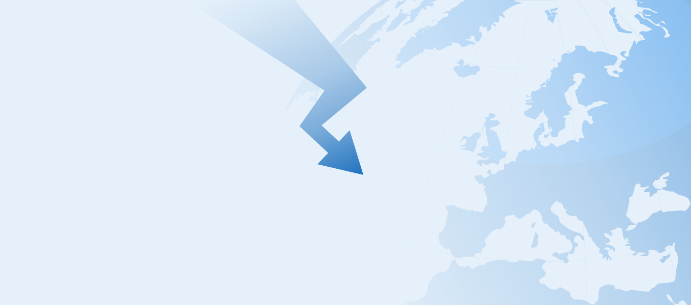 Abstract blue arrow pointing towards a globe focused on the northern hemisphere