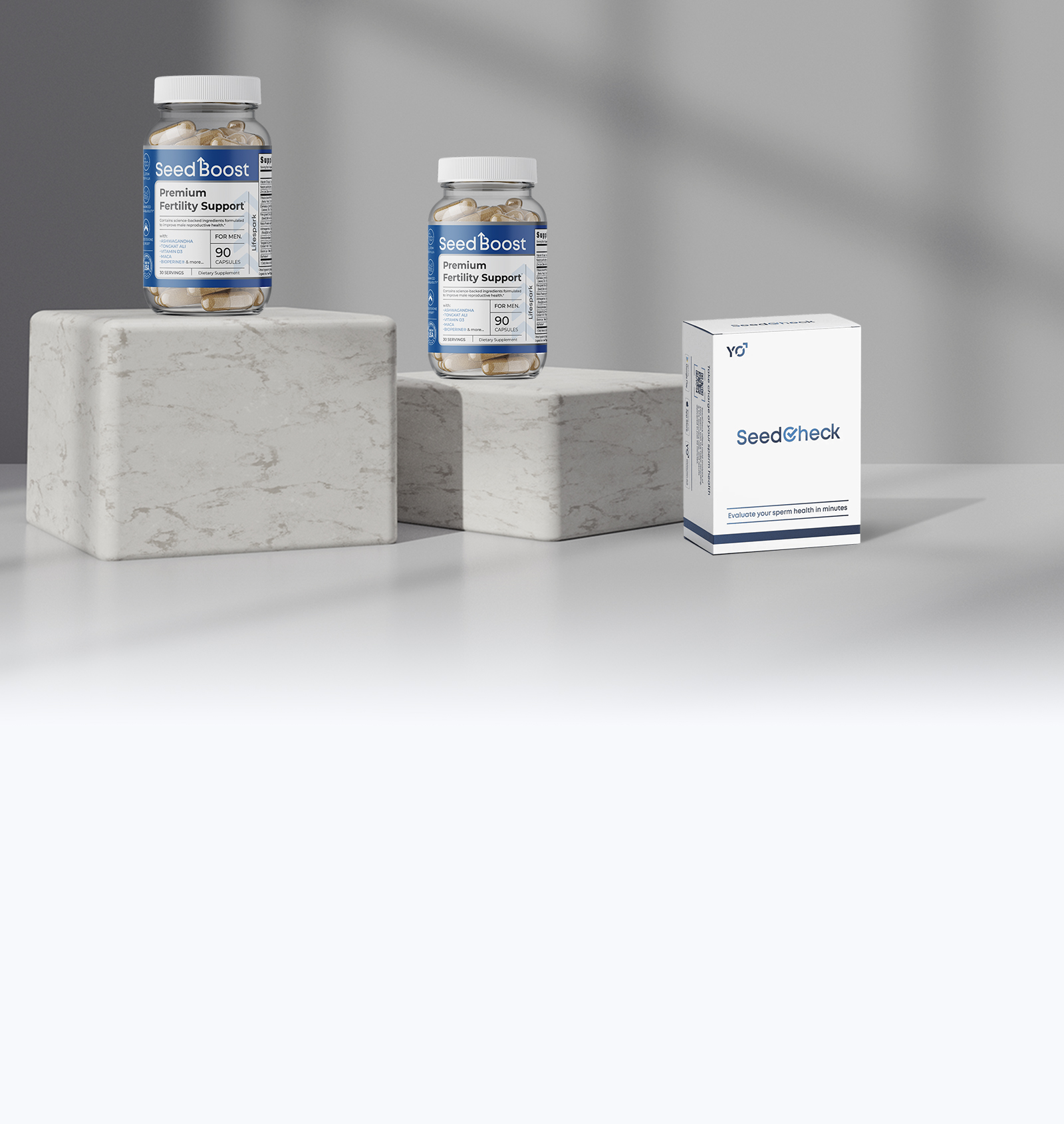 SeedCheck product box displayed next to SeedBoost bottles on a minimalist background