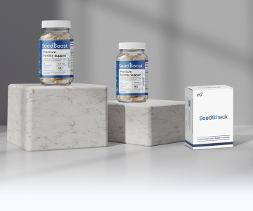 SeedCheck product box displayed next to SeedBoost bottles on a minimalist background