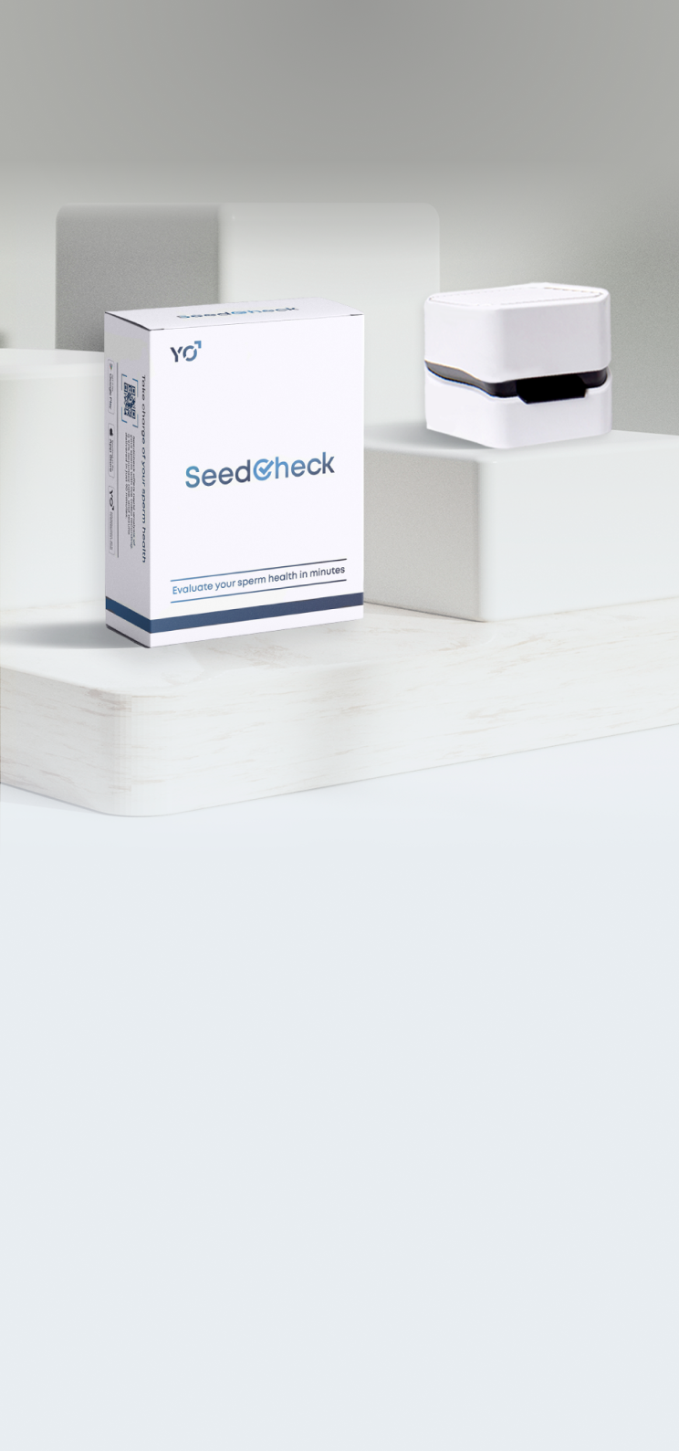 SeedCheck product box displayed next to SeedCheck device on a minimalist background