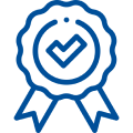 Icon of a blue ribbon award with a checkmark at the center